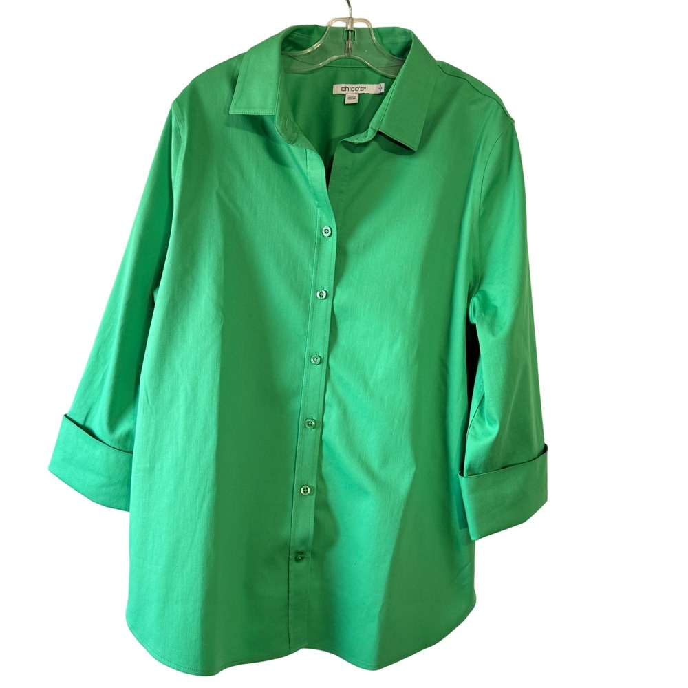 Chicos Green Button Up Shirt 3/4 Sleeve‎ Roll Tab Cuffed Collar Size 8